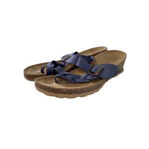 Mila Paoli 38 Wedge Thong Sandal Leather Braided Strap Navy Blue Tan Cork Comfor